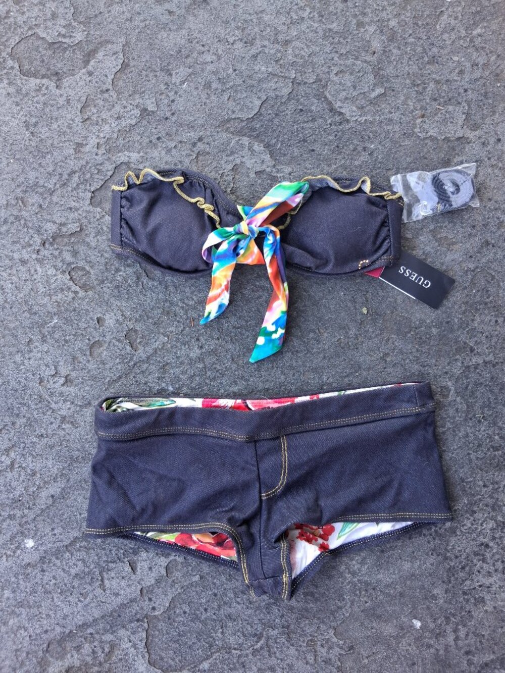New Guess Bikini Bandeau Strapless Top Boyshort  Bottom Denim Like, Cute!